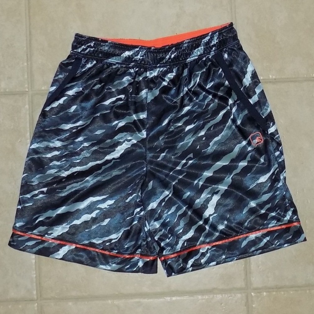 AND1 Basketball Shorts Mens Medium Blue Black Camo Excellent Tiger Stripe Mesh